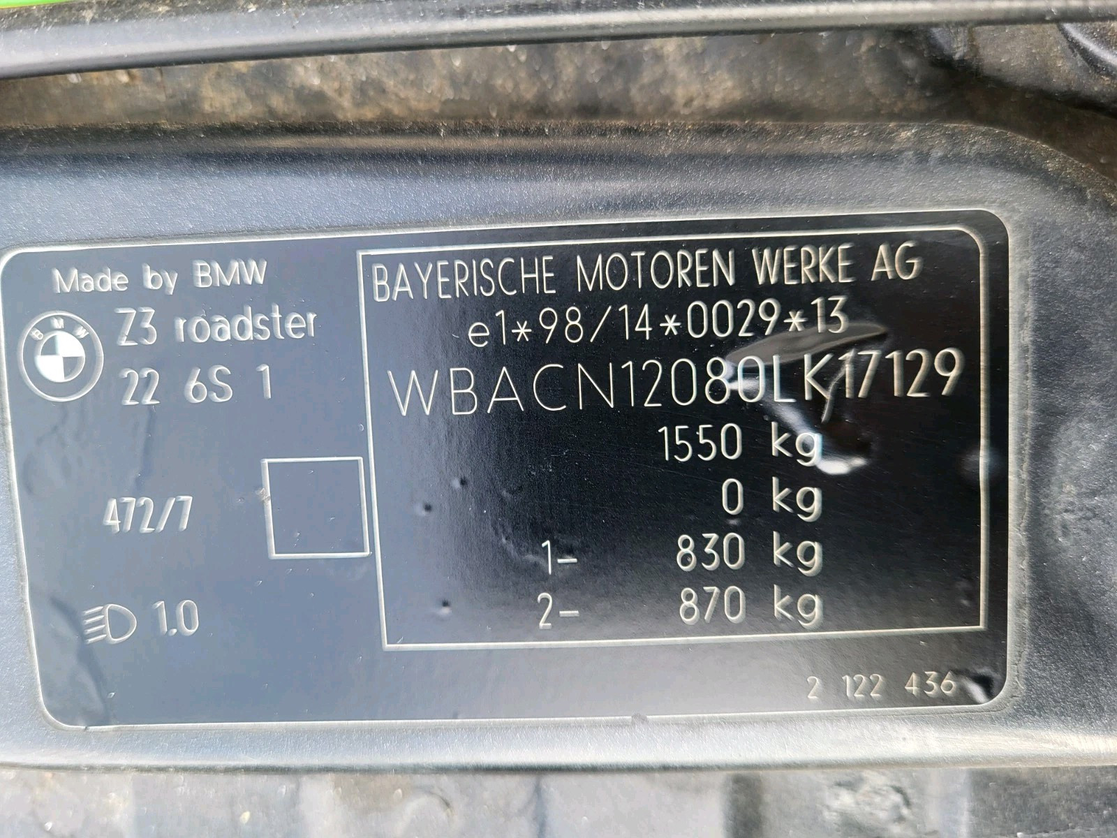 BMW Z3 Roadster Kotflügel Seitenwand  VORNE RECHTS sterling Grau Metallic 